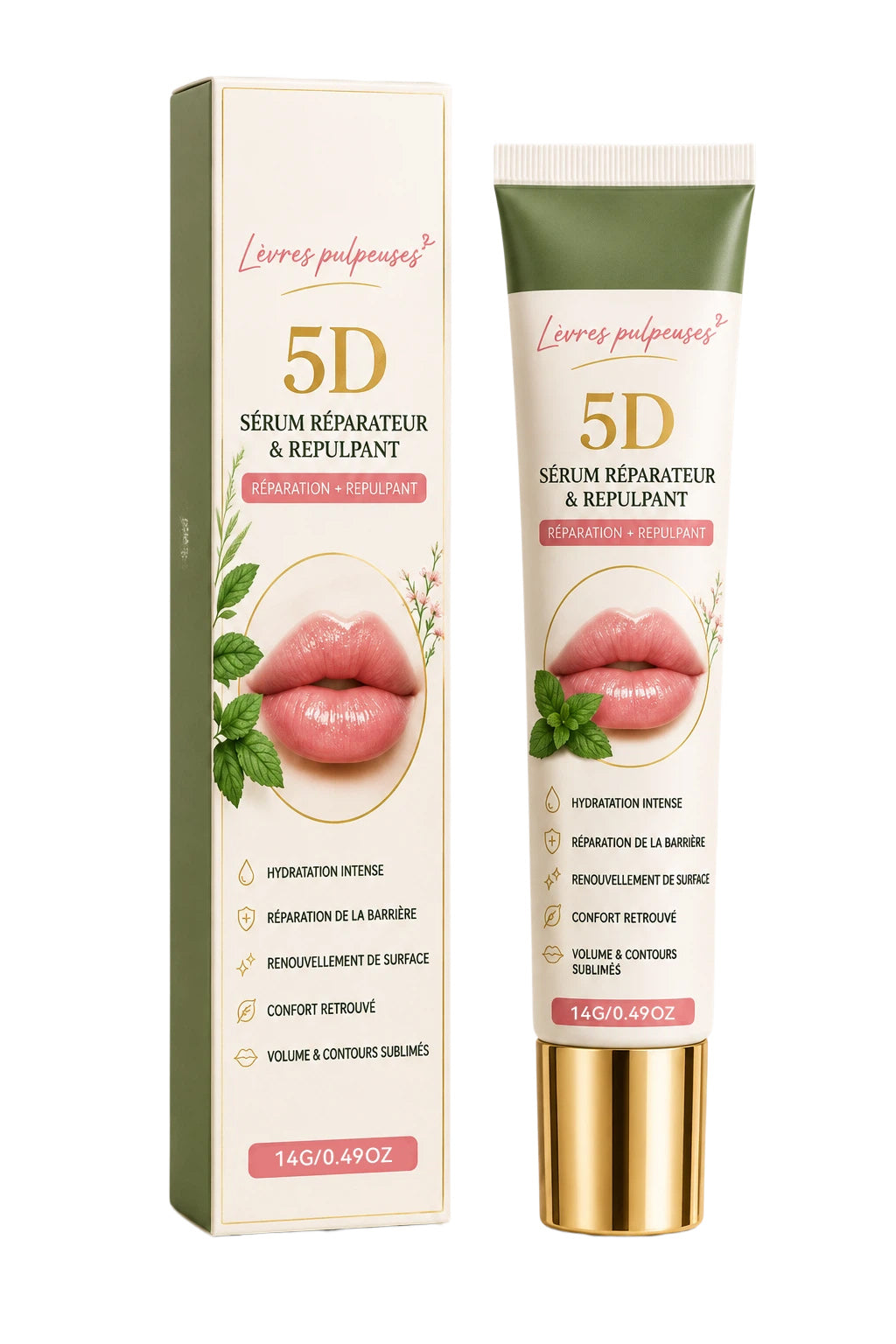 5D Lip Repair & Plumping Serum – Lightweight, Non-Sticky, Portable Lip Care Essence for Touch-Ups – Continuous Hydration Without Affecting Lipstick or Makeup – 14G/0.49OZ （2 PACK）