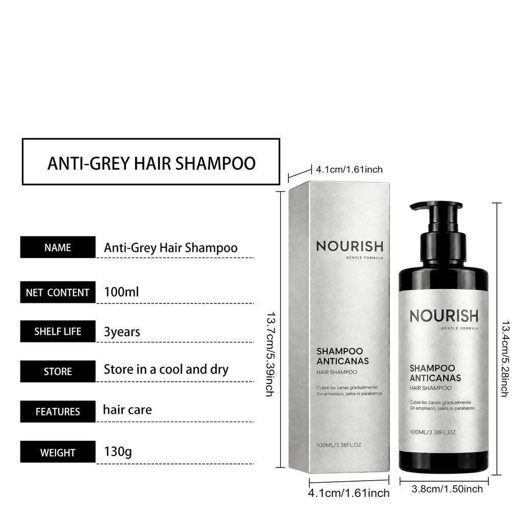 NOURISH Anti-Grey Hair Shampoo – 100ml (3.38 fl.oz) Gentle Formula for Gradual Grey Coverage, Ammonia & Paraben Free – Nourishes Scalp, Cleanses Grease, Improves Dry Frizzy Hair for a Glossy, Smooth Finish (130g)
