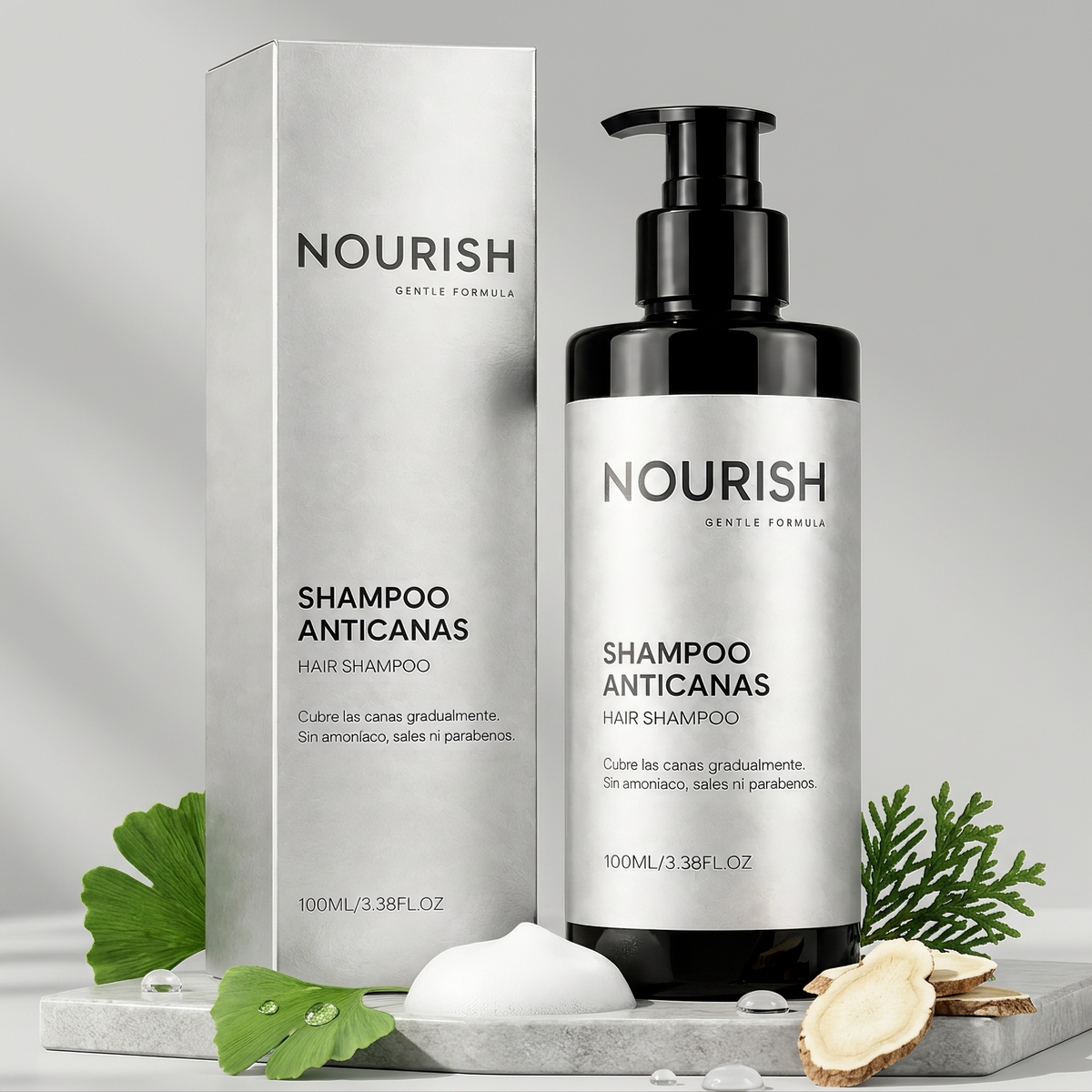 NOURISH Anti-Grey Hair Shampoo – 100ml (3.38 fl.oz) Gentle Formula for Gradual Grey Coverage, Ammonia & Paraben Free – Nourishes Scalp, Cleanses Grease, Improves Dry Frizzy Hair for a Glossy, Smooth Finish (130g)