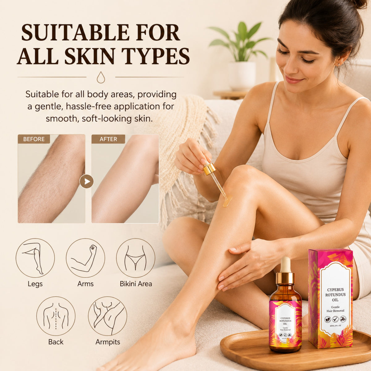 Cyperus Rotundus Oil Roll-On for Hair Removal – Natural Hair Inhibitor Oil for Face, Chin, Bikini & Body（2 PACK）
