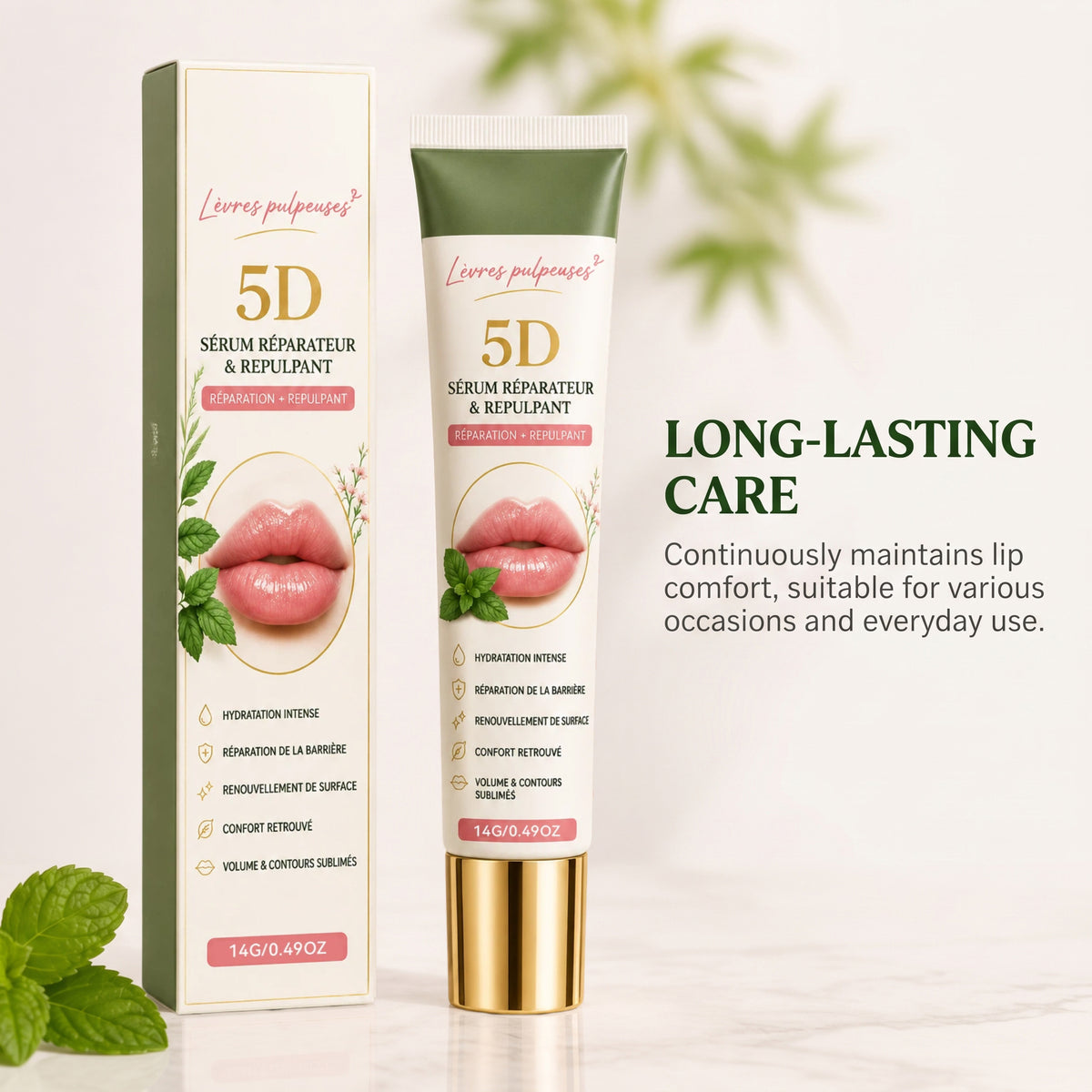 5D Lip Repair & Plumping Serum – Lightweight, Non-Sticky, Portable Lip Care Essence for Touch-Ups – Continuous Hydration Without Affecting Lipstick or Makeup – 14G/0.49OZ （2 PACK）