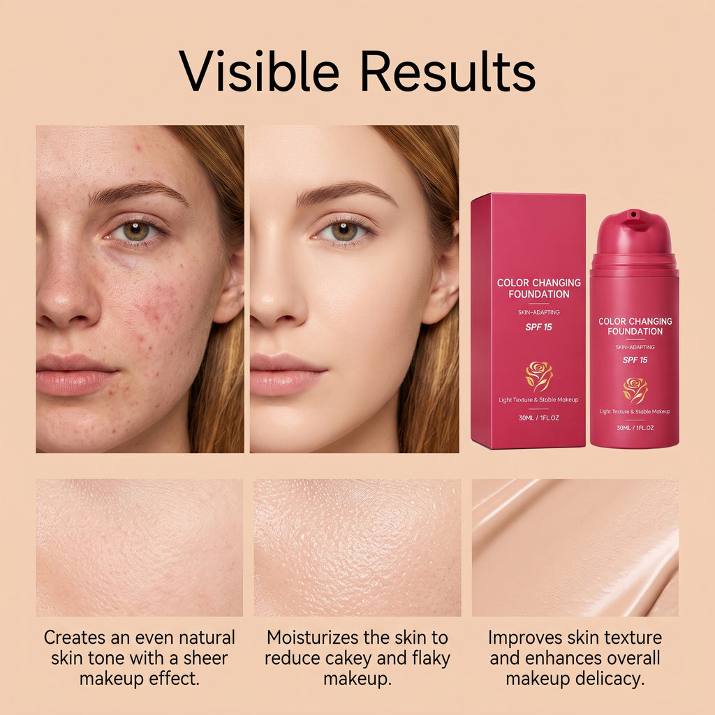 Color Changing Foundation with SPF 15 – Skin-Adapting Liquid Makeup for Customized Natural Finish, Lightweight & Breathable, Moisturizing & Long-Lasting, Prevents Cakey Makeup, 30ml / 1 fl.oz （2 PACK）
