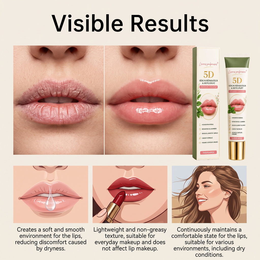 5D Lip Repair & Plumping Serum – Lightweight, Non-Sticky, Portable Lip Care Essence for Touch-Ups – Continuous Hydration Without Affecting Lipstick or Makeup – 14G/0.49OZ （2 PACK）