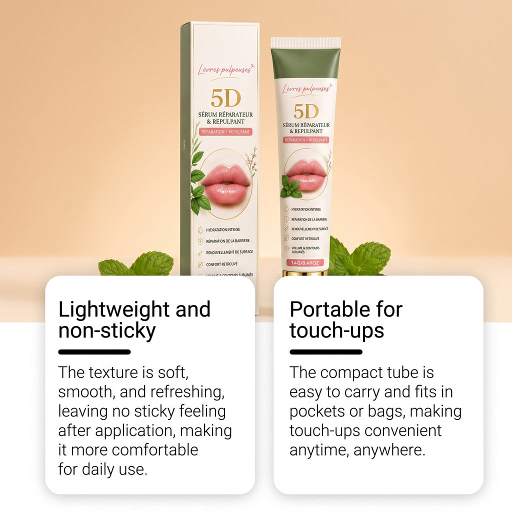 5D Lip Repair & Plumping Serum – Lightweight, Non-Sticky, Portable Lip Care Essence for Touch-Ups – Continuous Hydration Without Affecting Lipstick or Makeup – 14G/0.49OZ （2 PACK）