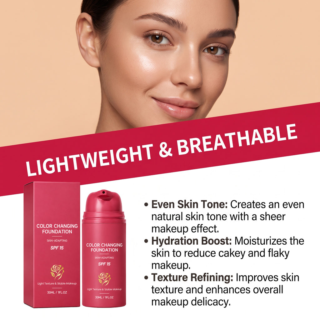 Color Changing Foundation with SPF 15 – Skin-Adapting Liquid Makeup for Customized Natural Finish, Lightweight & Breathable, Moisturizing & Long-Lasting, Prevents Cakey Makeup, 30ml / 1 fl.oz （2 PACK）