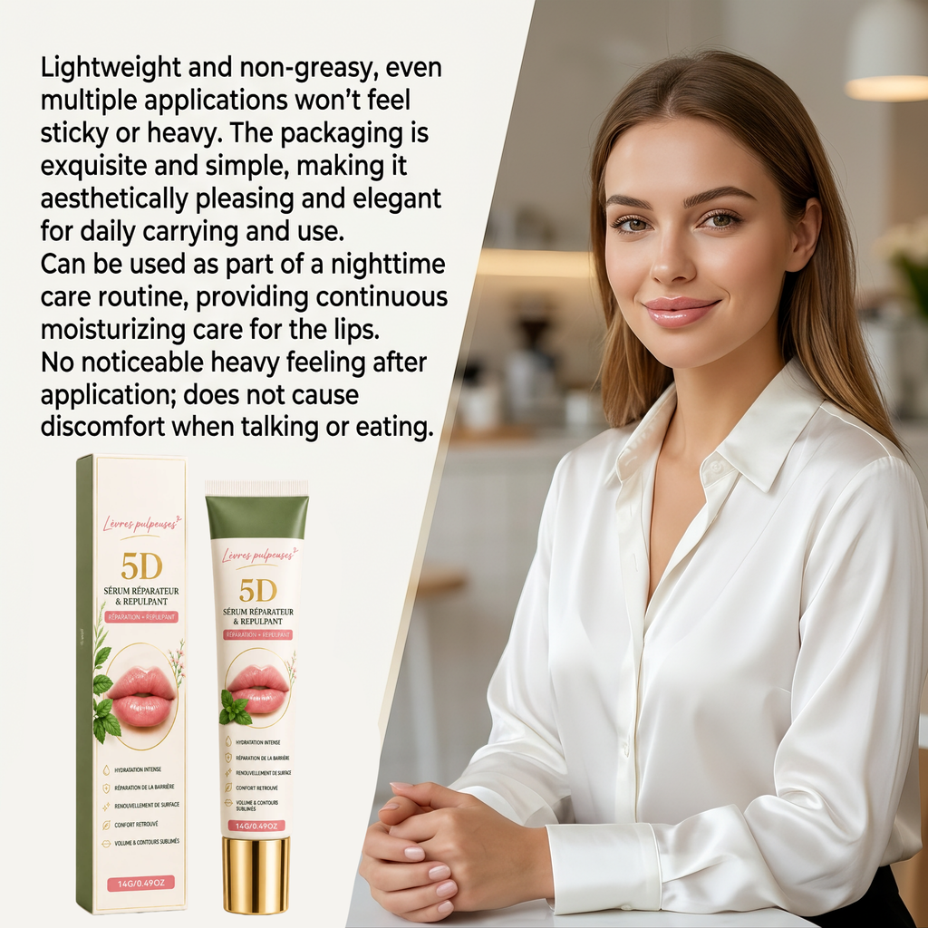 5D Lip Repair & Plumping Serum – Lightweight, Non-Sticky, Portable Lip Care Essence for Touch-Ups – Continuous Hydration Without Affecting Lipstick or Makeup – 14G/0.49OZ （2 PACK）