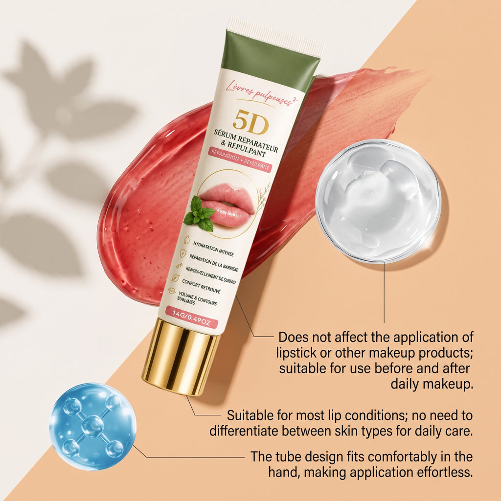 5D Lip Repair & Plumping Serum – Lightweight, Non-Sticky, Portable Lip Care Essence for Touch-Ups – Continuous Hydration Without Affecting Lipstick or Makeup – 14G/0.49OZ （2 PACK）
