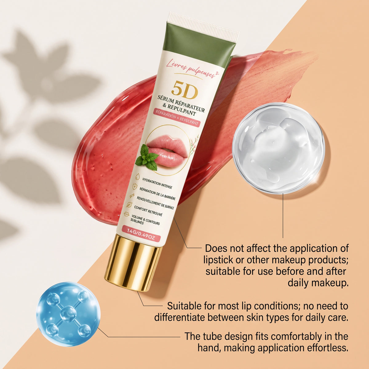 5D Lip Repair & Plumping Serum – Lightweight, Non-Sticky, Portable Lip Care Essence for Touch-Ups – Continuous Hydration Without Affecting Lipstick or Makeup – 14G/0.49OZ （2 PACK）