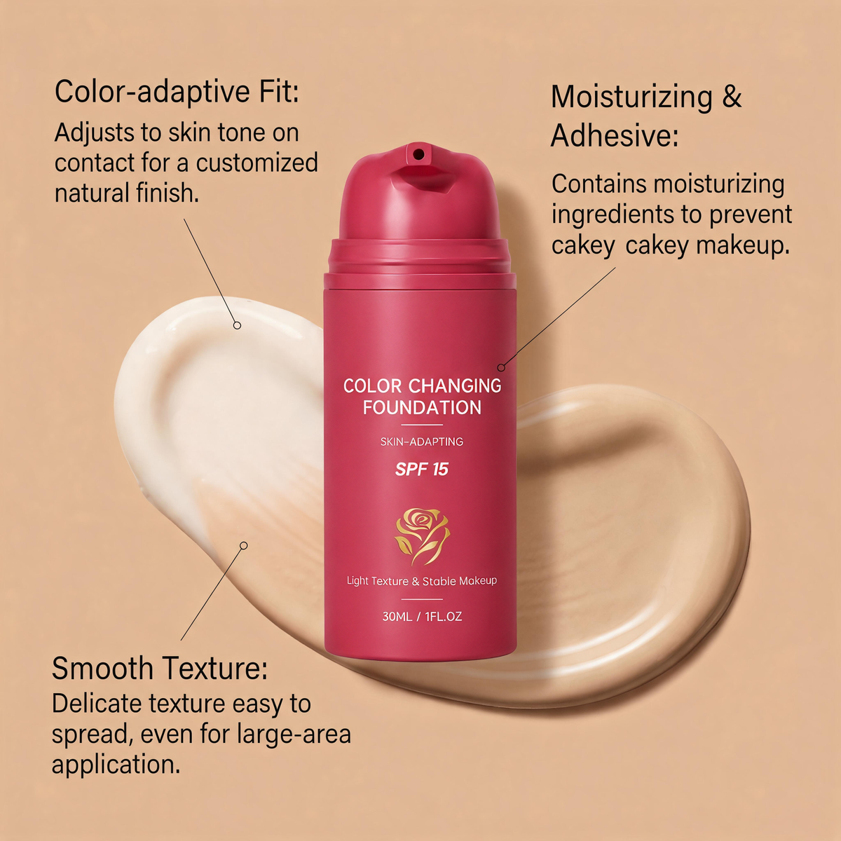 Color Changing Foundation with SPF 15 – Skin-Adapting Liquid Makeup for Customized Natural Finish, Lightweight & Breathable, Moisturizing & Long-Lasting, Prevents Cakey Makeup, 30ml / 1 fl.oz （2 PACK）
